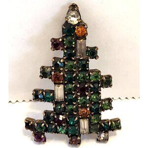 Weiss Vtg Christmas Tree Rhinestone Brooch Pin Multicolor Gold-Tone Metal READ